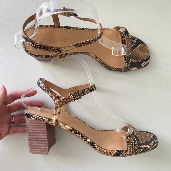 Madewell The Hollie Ankle Strap Sandal Snake Embossed Brown Leather Chunky Heel - Picture 2 of 13